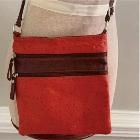 Vera Pelle Genuine Leather with Embossed Detail Crossbody Orange and Brown Color - Picture 10 of 10